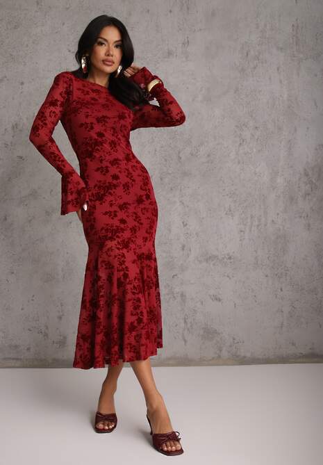 Czerwona Wieczorowa Sukienka VICES z Siateczki z Kwiatowym Wzorem z Weluru Azinene