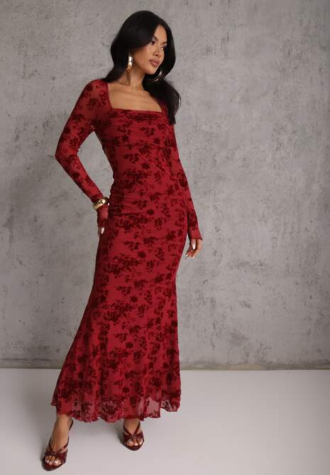 Czerwona Sukienka VICES Bodycon z Siateczki Ozdobionej Wzorem w Kwiaty Rivita 4