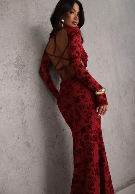 Czerwona Sukienka VICES Bodycon z Siateczki Ozdobionej Wzorem w Kwiaty Rivita