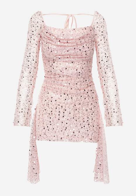 Różowa Dopasowana Sukienka VICES Zdobiona Cekinami i Wiązaniem Alethrolphi 6