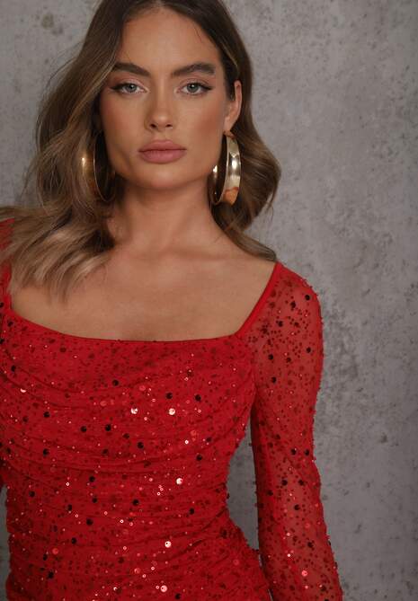 Czerwona Dopasowana Sukienka VICES Zdobiona Cekinami i Wiązaniem Alethrolphi 5