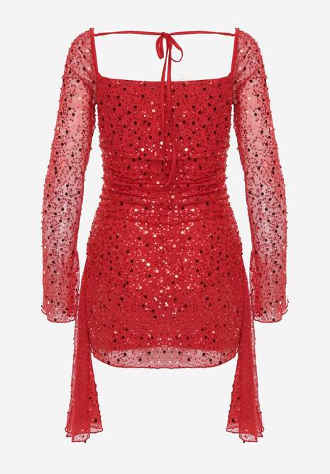 Czerwona Dopasowana Sukienka VICES Zdobiona Cekinami i Wiązaniem Alethrolphi 7