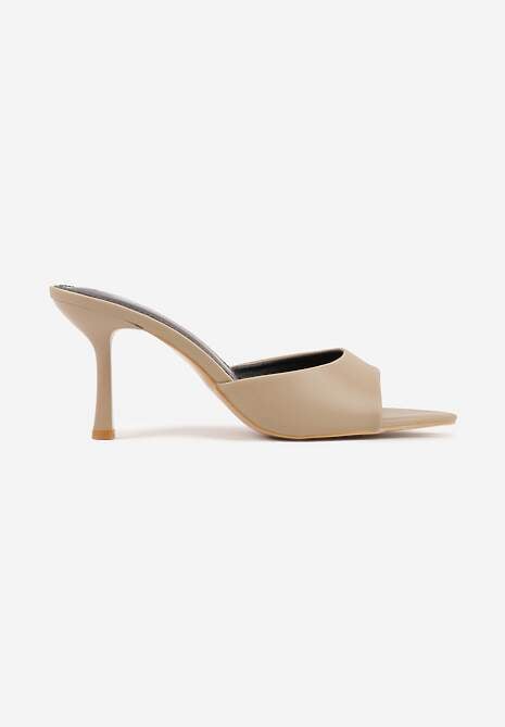 Ciemnobeżowe Klapki na Szpilce ze Szpiczastym Odkrytym Noskiem Sewnila 4