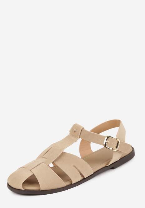 Beżowe Sandały Gladiatorki z Imitacji Nubuku Zapinane na Sprzączkę Briannea 5