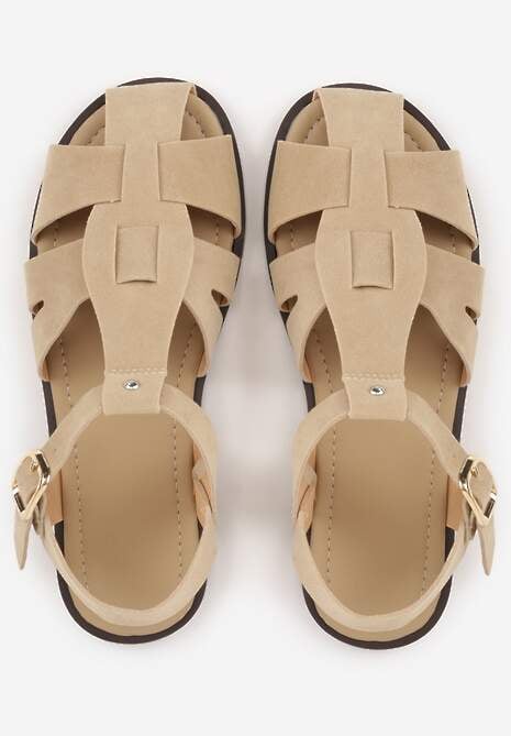 Beżowe Sandały Gladiatorki z Imitacji Nubuku Zapinane na Sprzączkę Briannea 6