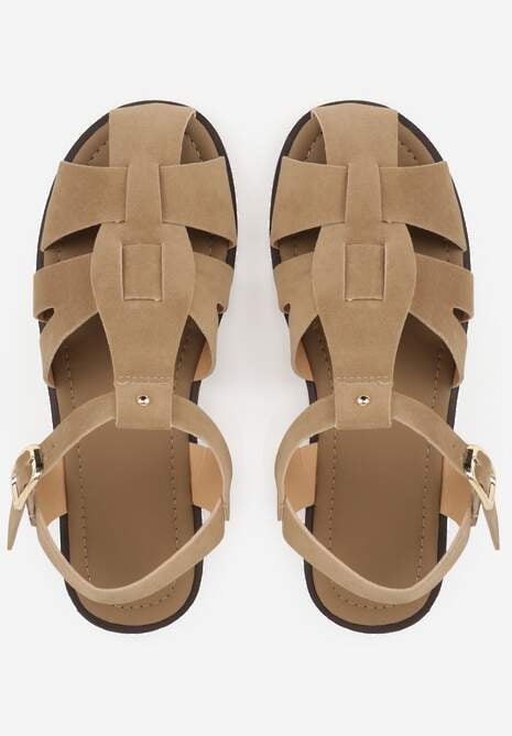 Ciemnobeżowe Sandały Gladiatorki z Imitacji Nubuku Zapinane na Sprzączkę Briannea 6