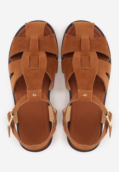 Jasnobrązowe Sandały Gladiatorki z Imitacji Nubuku Zapinane na Sprzączkę Briannea 6