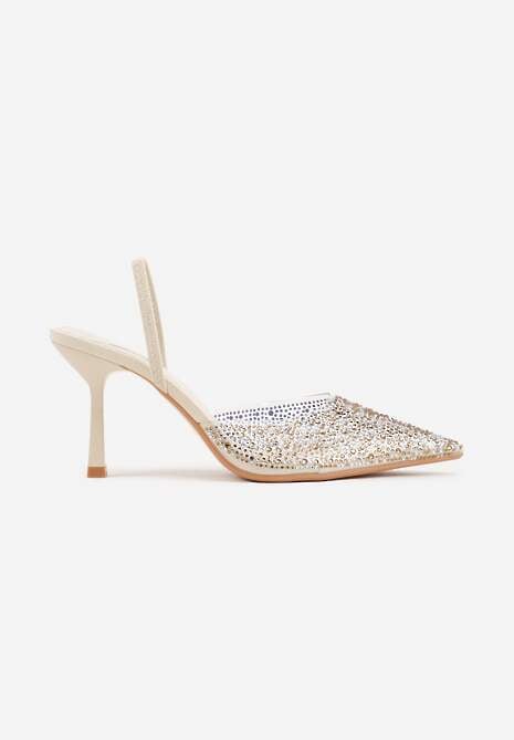 Beżowe Szpilki z Odkrytą Piętą i Transparentnym Noskiem z Cyrkoniami Kalinata 4