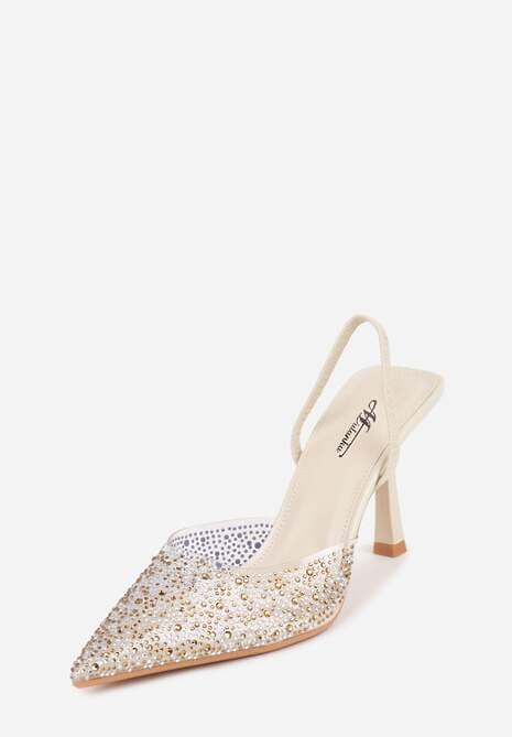 Beżowe Szpilki z Odkrytą Piętą i Transparentnym Noskiem z Cyrkoniami Kalinata 5