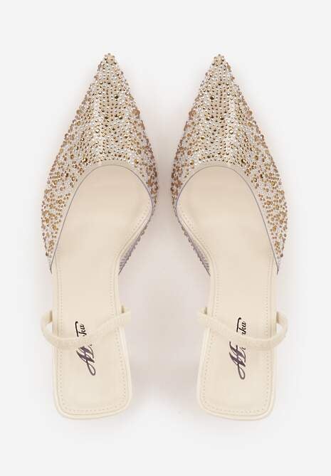 Beżowe Szpilki z Odkrytą Piętą i Transparentnym Noskiem z Cyrkoniami Kalinata 6