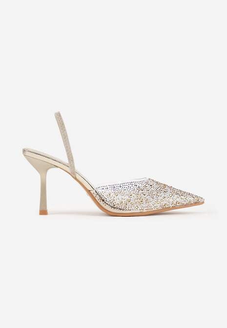 Złote Szpilki z Odkrytą Piętą i Transparentnym Noskiem z Cyrkoniami Kalinata 4