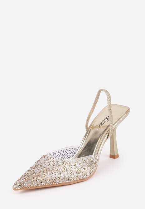 Złote Szpilki z Odkrytą Piętą i Transparentnym Noskiem z Cyrkoniami Kalinata 5