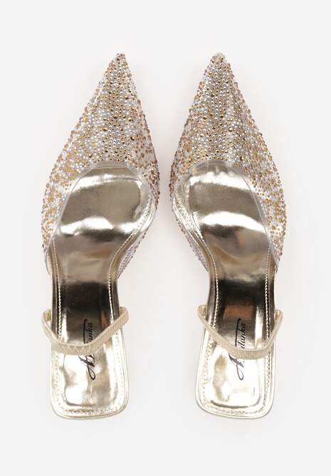 Złote Szpilki z Odkrytą Piętą i Transparentnym Noskiem z Cyrkoniami Kalinata 6