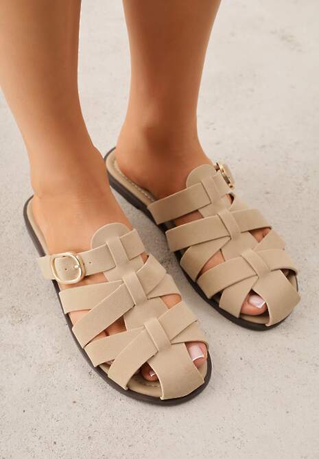 Beżowe Klapki Gladiatorki z Ozdobną Sprzączką Lusanatia