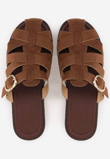 Brązowe Klapki Gladiatorki z Ozdobną Sprzączką Lusanatia 6