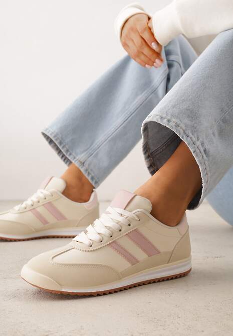 Beżowe Sneakersy Ozdobione Dwoma Paskami Lannatea