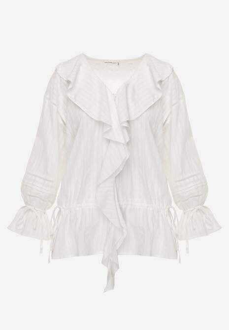 Biała Eteryczna Bluzka z Bawełny Zdobiona Falbankami i Ściągaczem w Pasie Cezarelle 6