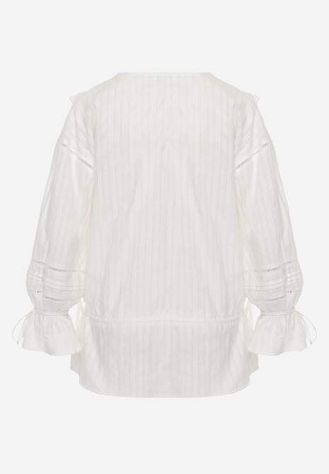 Biała Eteryczna Bluzka z Bawełny Zdobiona Falbankami i Ściągaczem w Pasie Cezarelle 7