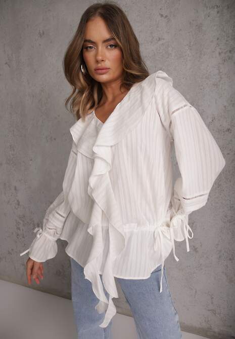 Biała Eteryczna Bluzka z Bawełny Zdobiona Falbankami i Ściągaczem w Pasie Cezarelle