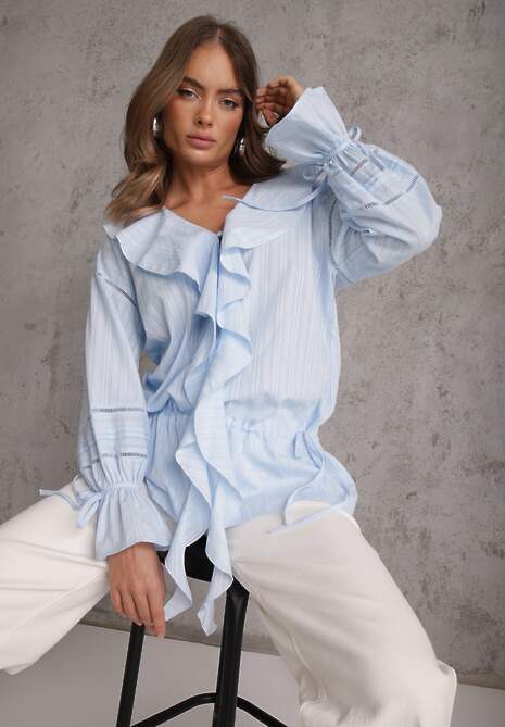 Niebieska Eteryczna Bluzka z Bawełny Zdobiona Falbankami i Ściągaczem w Pasie Cezarelle 4