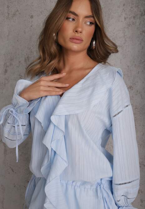Niebieska Eteryczna Bluzka z Bawełny Zdobiona Falbankami i Ściągaczem w Pasie Cezarelle 5