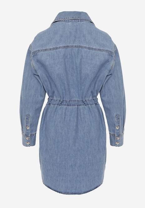 Niebieska Jeansowa Bawełniana Sukienka Koszulowa z Wiązaniem i Marszczeniem Enatta 7