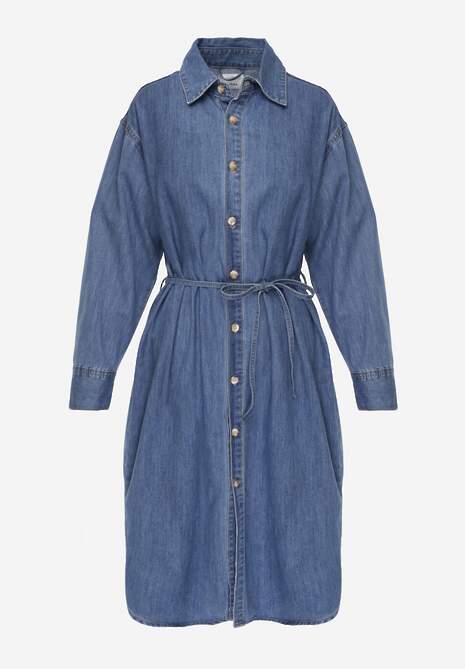 Niebieska Jeansowa Sukienka Koszulowa Oversize z Bawełną i Paskiem Cianatra 6