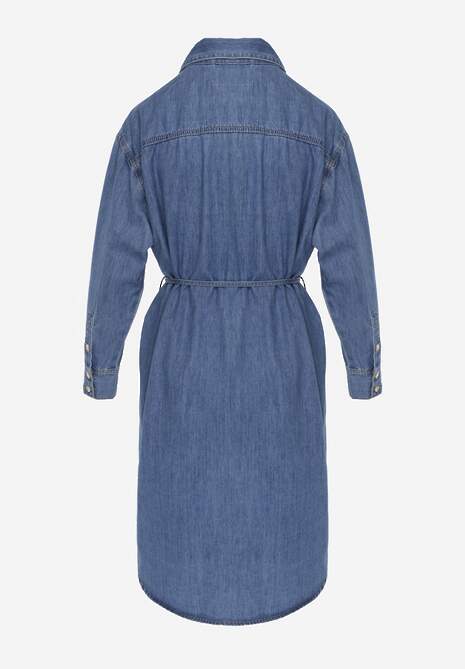 Niebieska Jeansowa Sukienka Koszulowa Oversize z Bawełną i Paskiem Cianatra 7