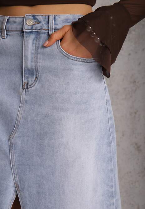 Niebieska Spódnica Jeansowa z Bawełną High Waist i Rozcięciem na Nogę Cinadessa 4