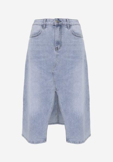 Niebieska Spódnica Jeansowa z Bawełną High Waist i Rozcięciem na Nogę Cinadessa 6