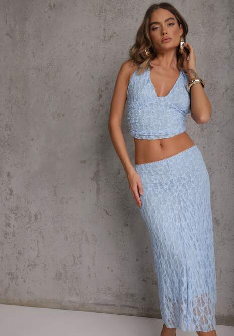Niebieski Komplet z Koronki Spódnica i Top z Wiązaniem na Szyi  Dainetia 4