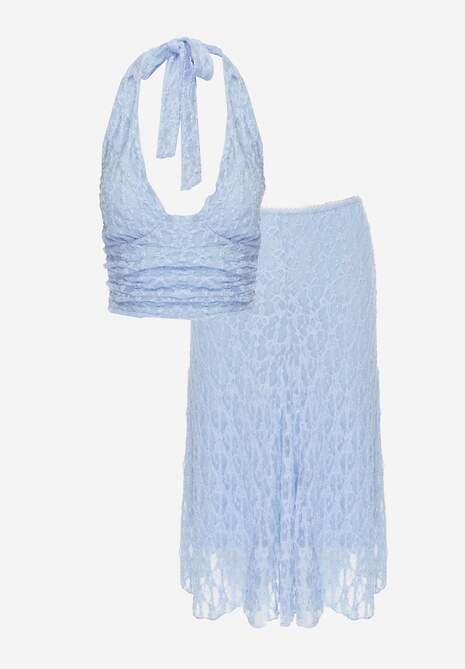 Niebieski Komplet z Koronki Spódnica i Top z Wiązaniem na Szyi  Dainetia 6