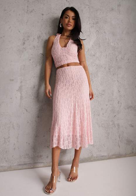 Różowy Komplet z Koronki Spódnica i Top z Wiązaniem na Szyi  Dainetia 5