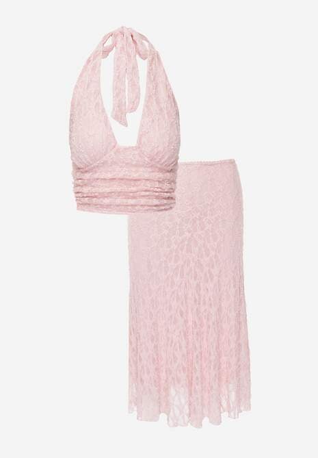 Różowy Komplet z Koronki Spódnica i Top z Wiązaniem na Szyi  Dainetia 6