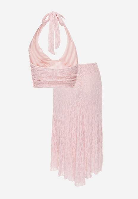 Różowy Komplet z Koronki Spódnica i Top z Wiązaniem na Szyi  Dainetia 7