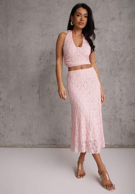 Różowy Komplet z Koronki Spódnica i Top z Wiązaniem na Szyi  Dainetia