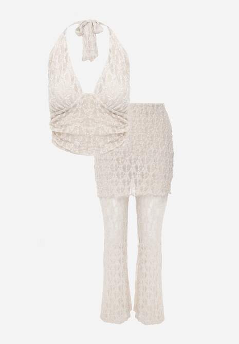 Beżowy Komplet z Koronki Top Halter i Spodnie Zdobione Wszytą Spódnicą Celanix 6