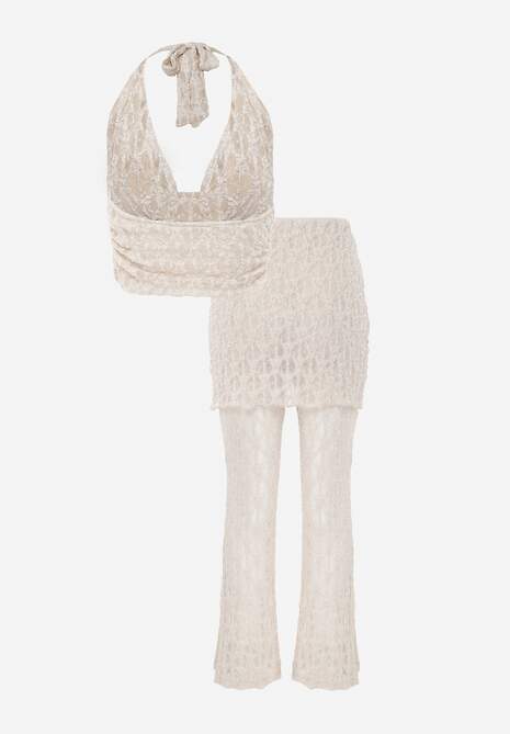 Beżowy Komplet z Koronki Top Halter i Spodnie Zdobione Wszytą Spódnicą Celanix 7