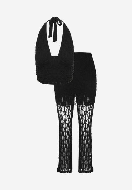 Czarny Komplet z Koronki Top Halter i Spodnie Zdobione Wszytą Spódnicą Celanix 6