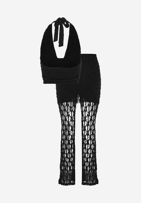 Czarny Komplet z Koronki Top Halter i Spodnie Zdobione Wszytą Spódnicą Celanix 7