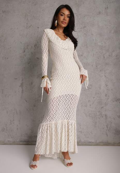 Beżowa Wieczorowa Sukienka z Koronki Zdobiona Falbanami Lunetra 4