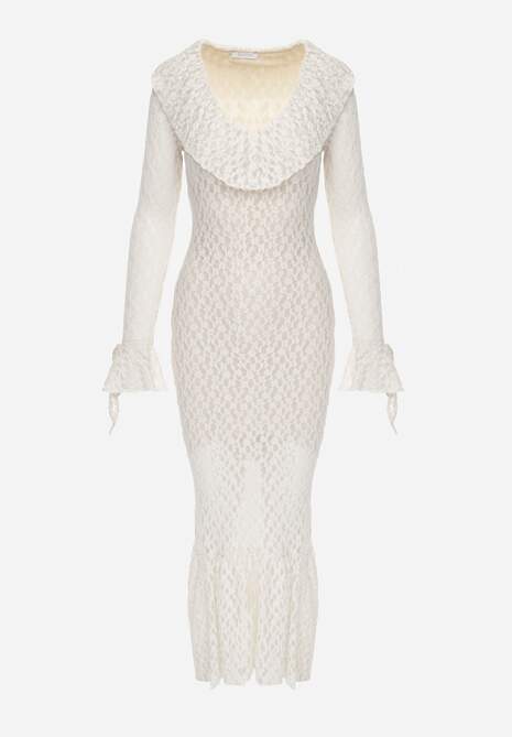 Beżowa Wieczorowa Sukienka z Koronki Zdobiona Falbanami Lunetra 6