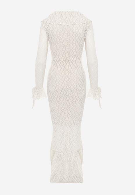 Beżowa Wieczorowa Sukienka z Koronki Zdobiona Falbanami Lunetra 7