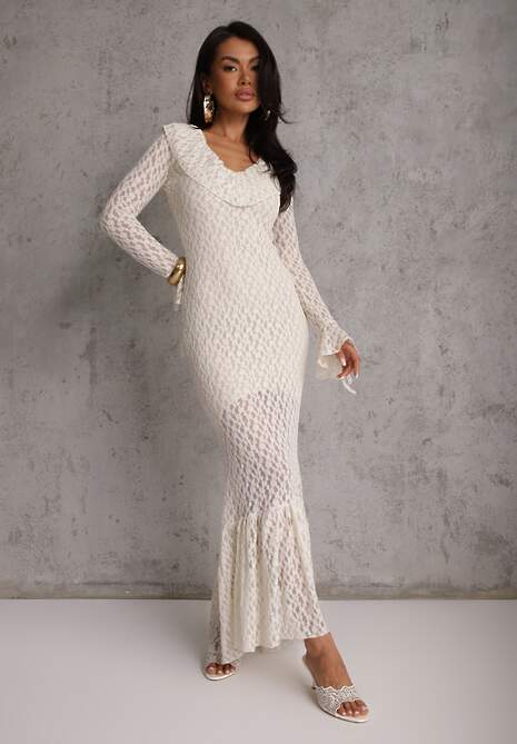 Beżowa Wieczorowa Sukienka z Koronki Zdobiona Falbanami Lunetra