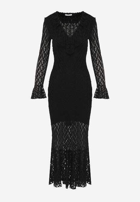 Czarna Wieczorowa Sukienka z Koronki Zdobiona Falbanami Lunetra 6