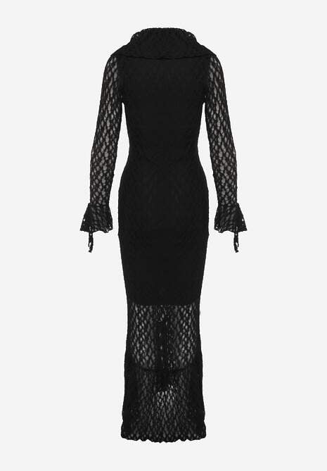 Czarna Wieczorowa Sukienka z Koronki Zdobiona Falbanami Lunetra 7