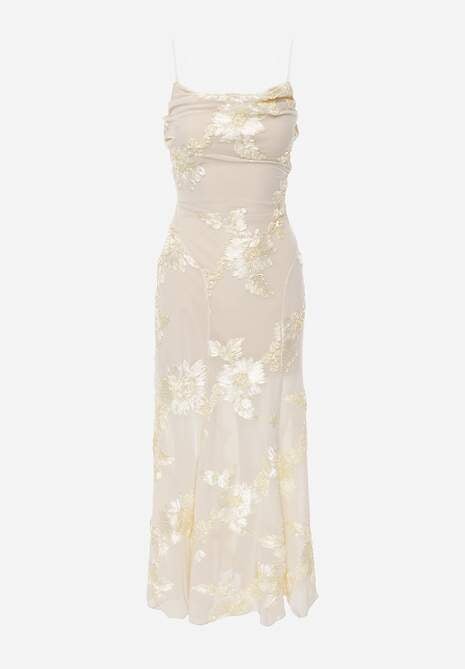 Beżowa Wieczorowa Sukienka z Siateczki z Gorsetowym Wiązaniem na Plecach Cezenna 6