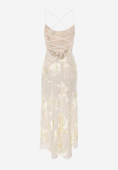 Beżowa Wieczorowa Sukienka z Siateczki z Gorsetowym Wiązaniem na Plecach Cezenna 7