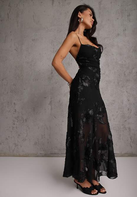 Czarna Wieczorowa Sukienka z Siateczki z Gorsetowym Wiązaniem na Plecach Cezenna 4