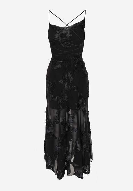 Czarna Wieczorowa Sukienka z Siateczki z Gorsetowym Wiązaniem na Plecach Cezenna 7